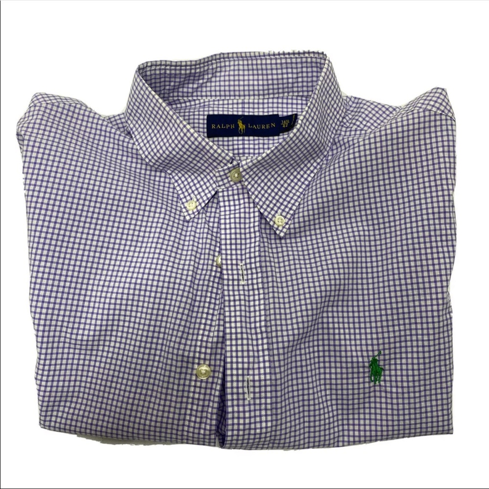 Ralph Lauren Purple Plaid Green Logo Button Down Long Sleeve Mens 16.5 x 42 EUC